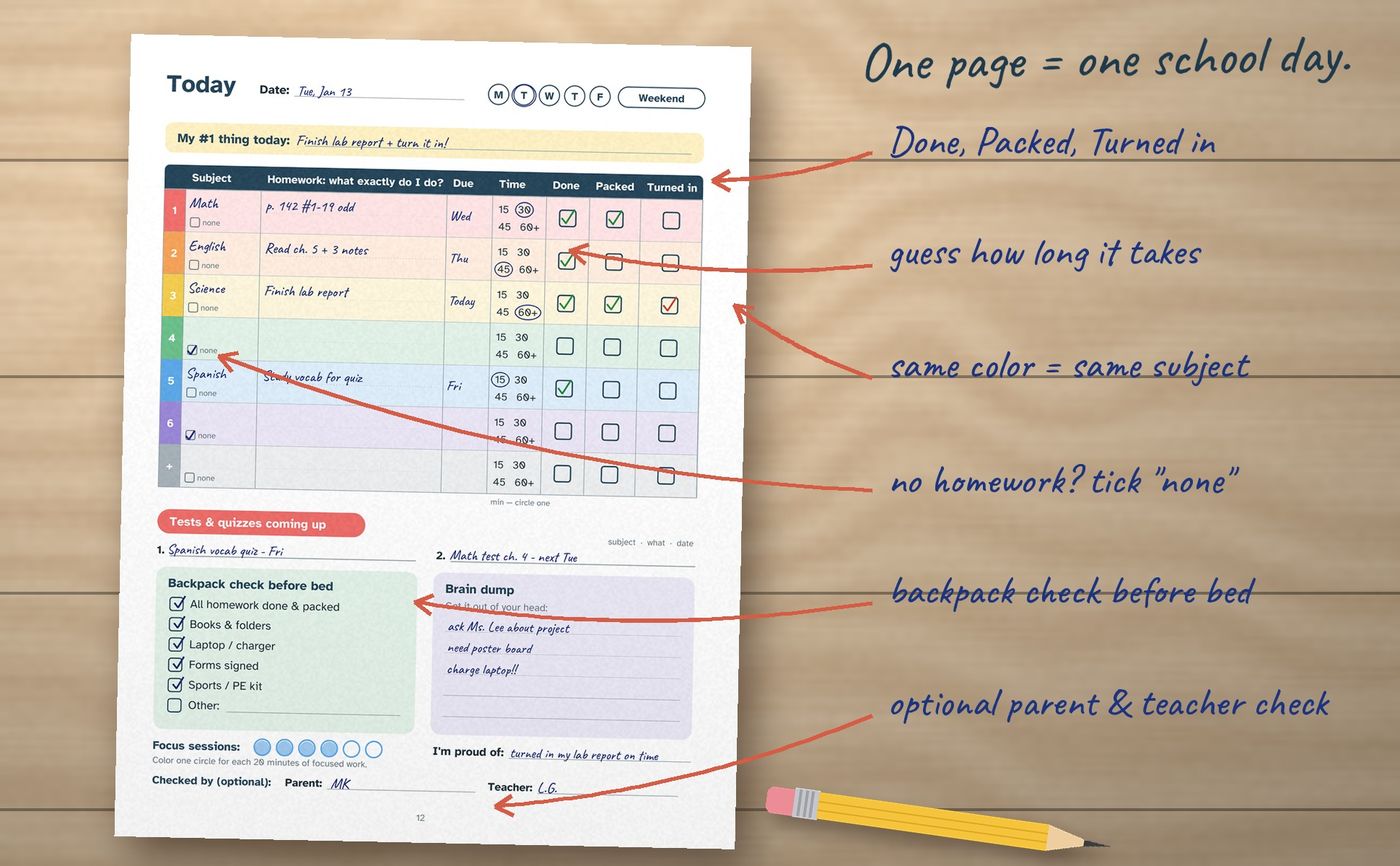 ADHD Homework Planner: inside the book, image 2