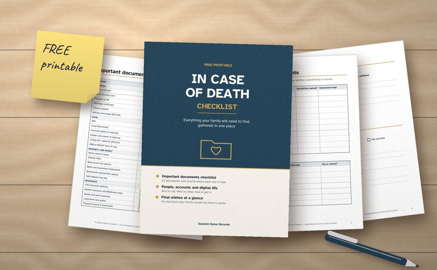 In case of death checklist printable for a death binder